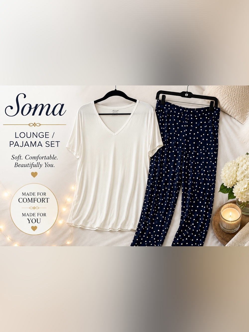 Soma Pajama Lounge Set XL Ivory V-Neck Top Navy Polka Dot Pants